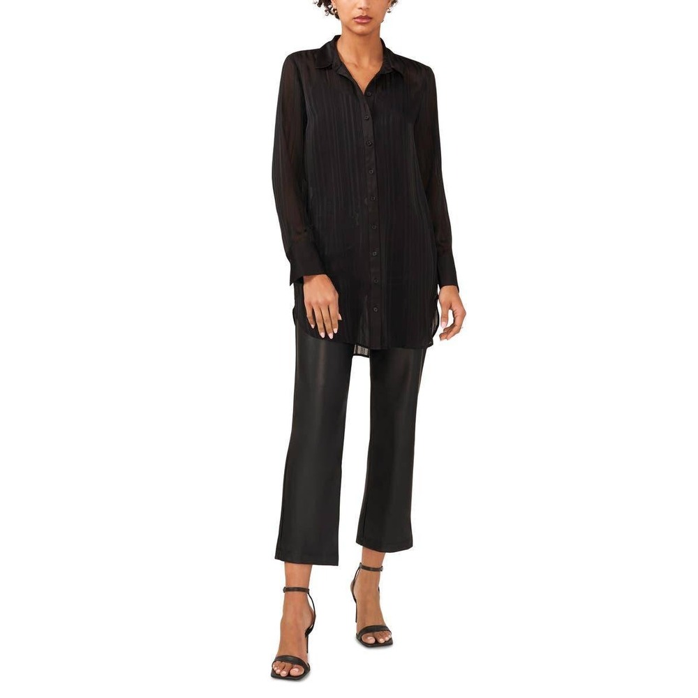 Adrianna Papell Women's Textured Stripe V Neck Tunic Blouse Black M Breathable